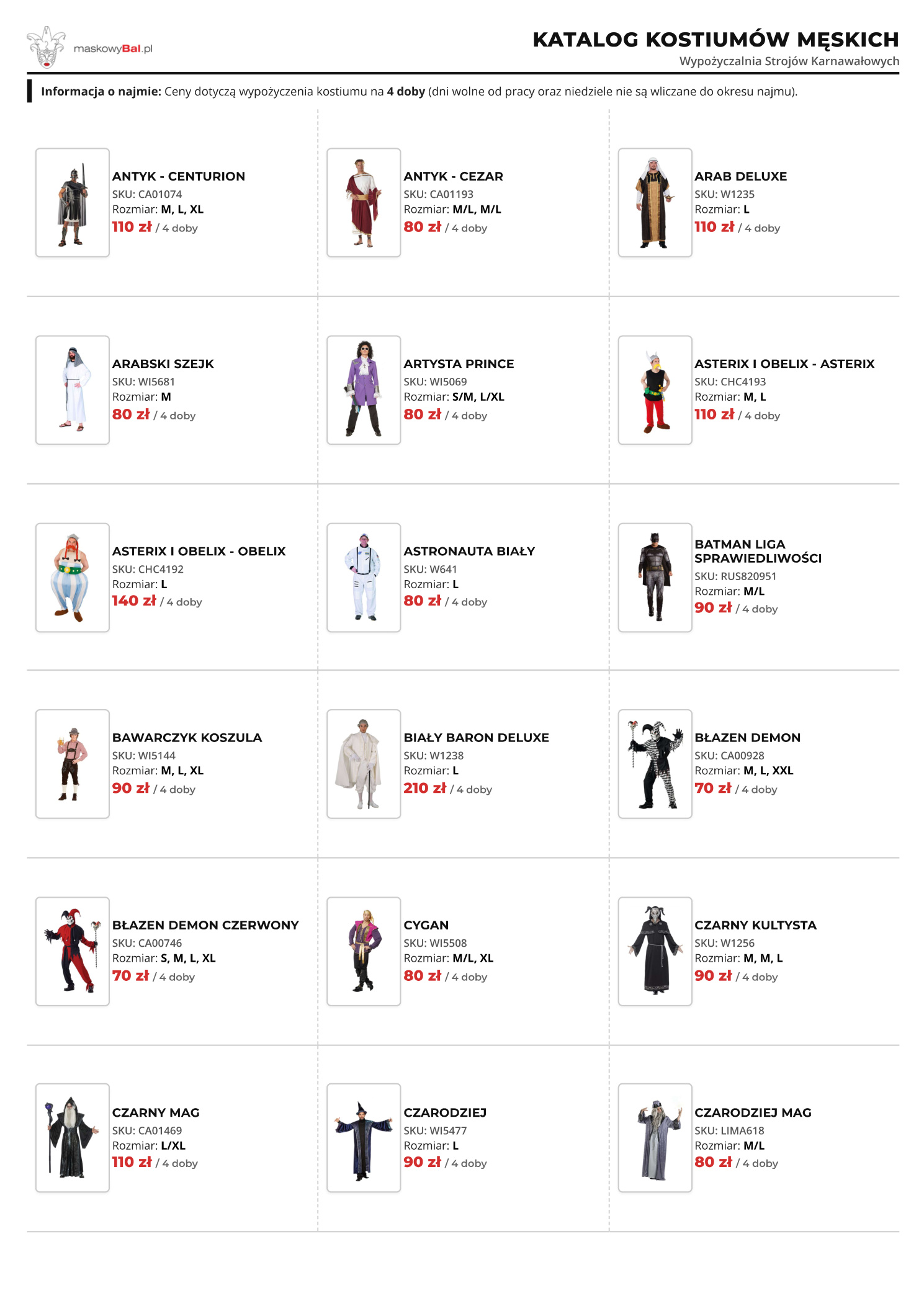 Katalog męski wypożyczalni strojów Maskowy Bal